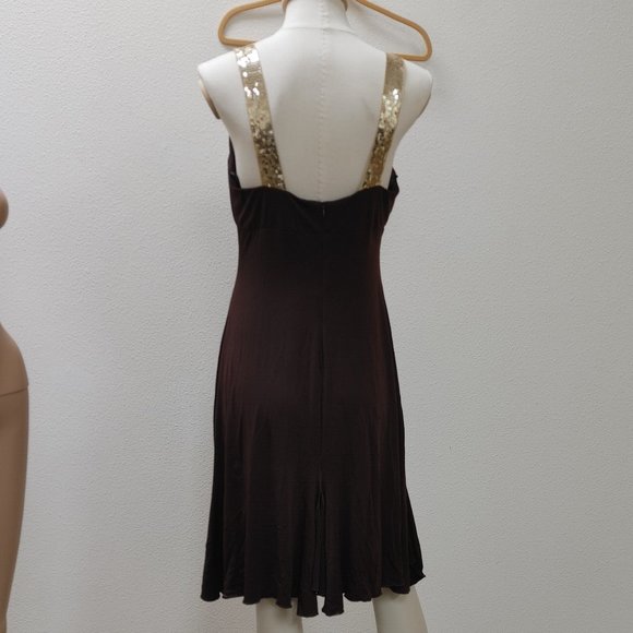 BROWN PARTY DRESS WITH GOLD SEQUINED STRAPS BLONIE NITES BY LINDA BERNELL S11 - Picture 4 of 11